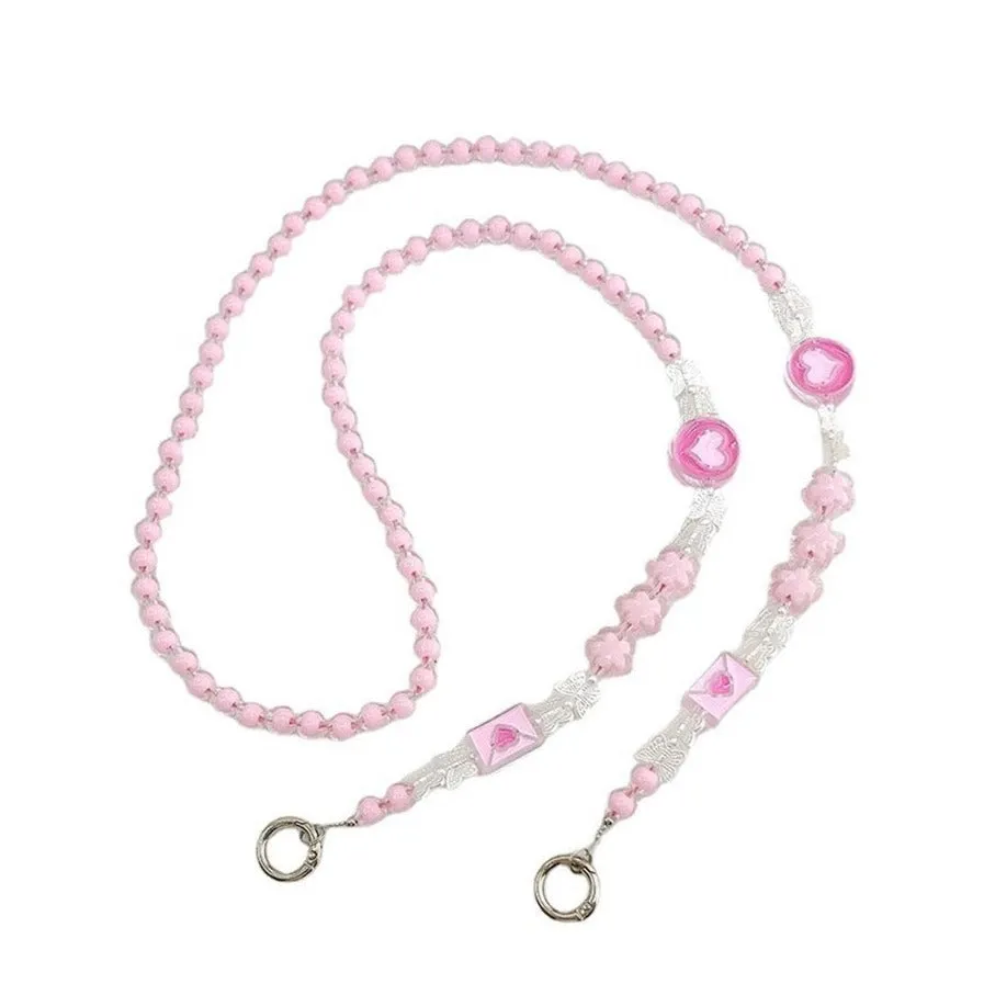 (120cm) Universal necklace cell phone chain made of pearls with lobster clasp - white / pink