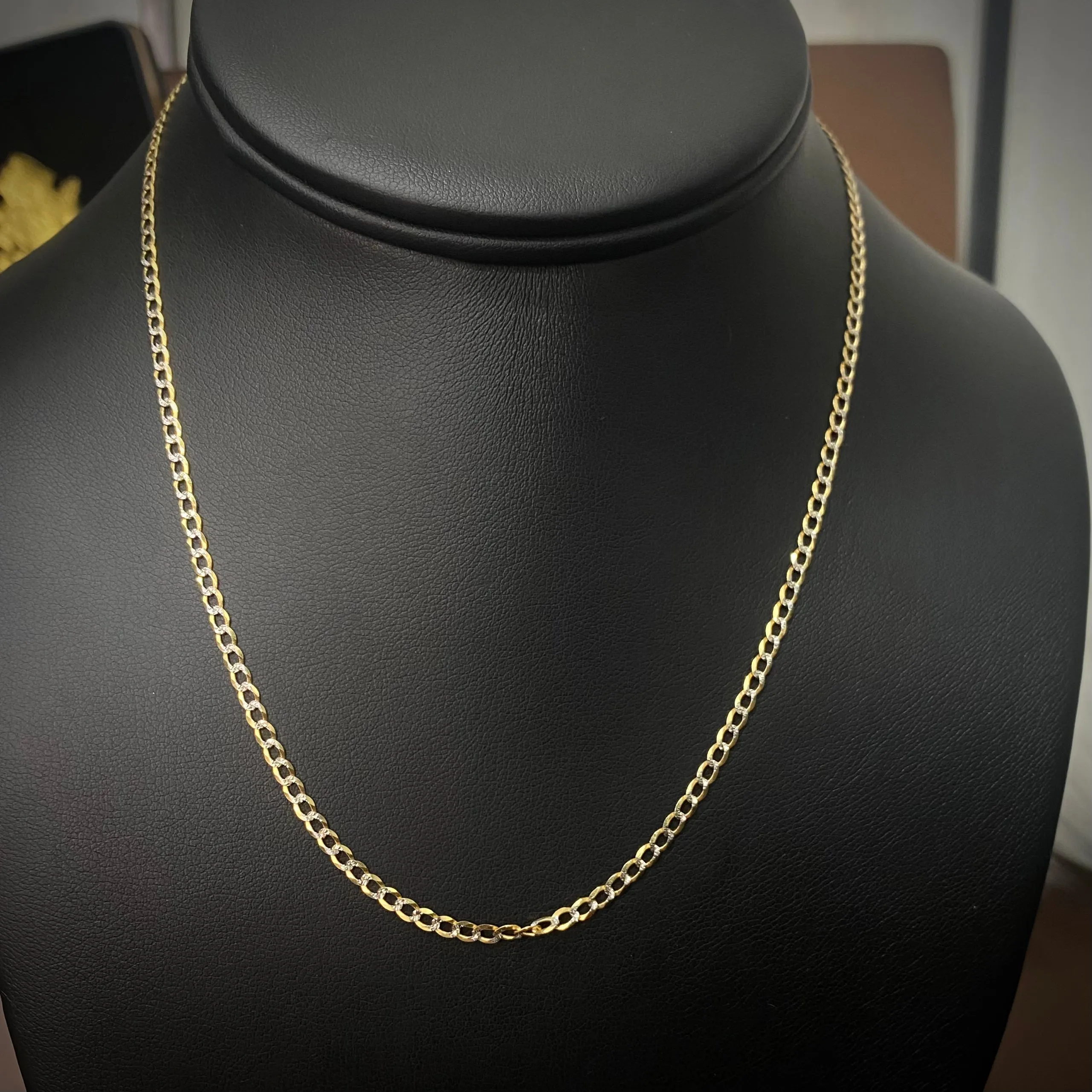 14K Yellow - White Gold American Cuban Link Chain Diamond Cut / 2.9gr / 2.5mm / 16in