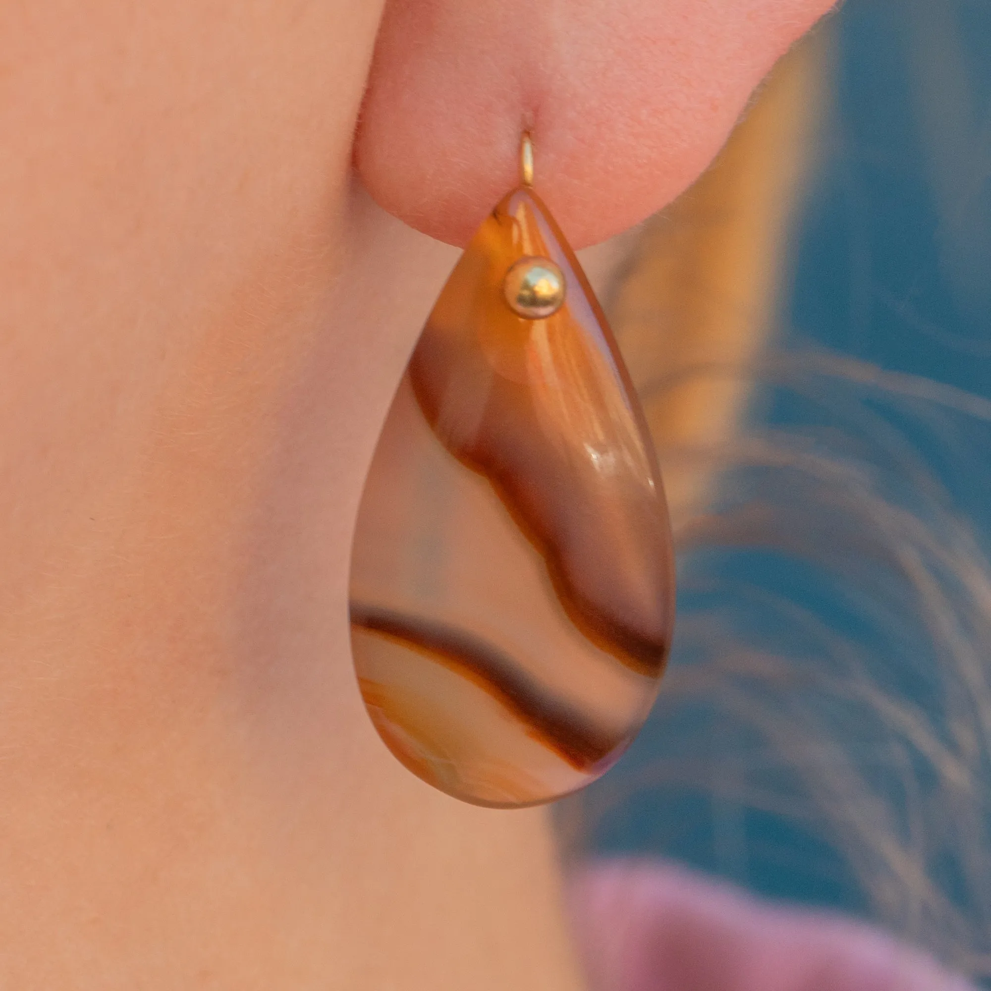 9ct Gold Antique Agate Pear Drop Earrings