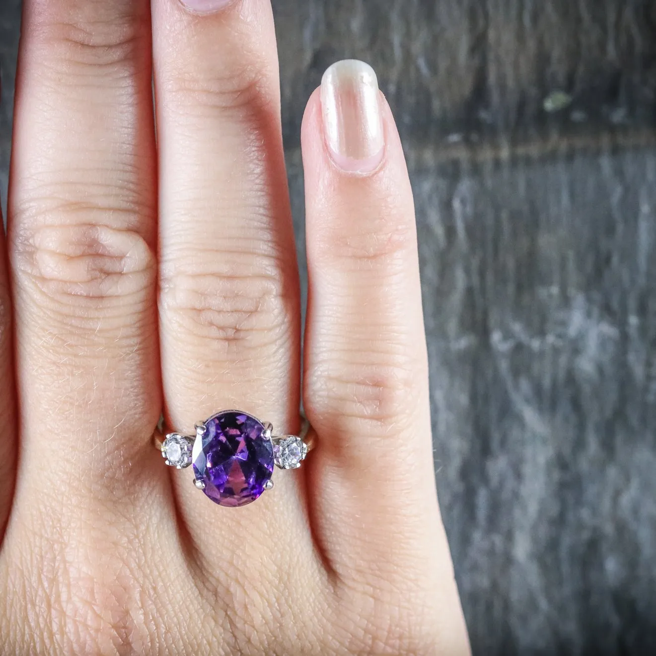 Amethyst Paste Trilogy Ring 18Ct Gold Silver