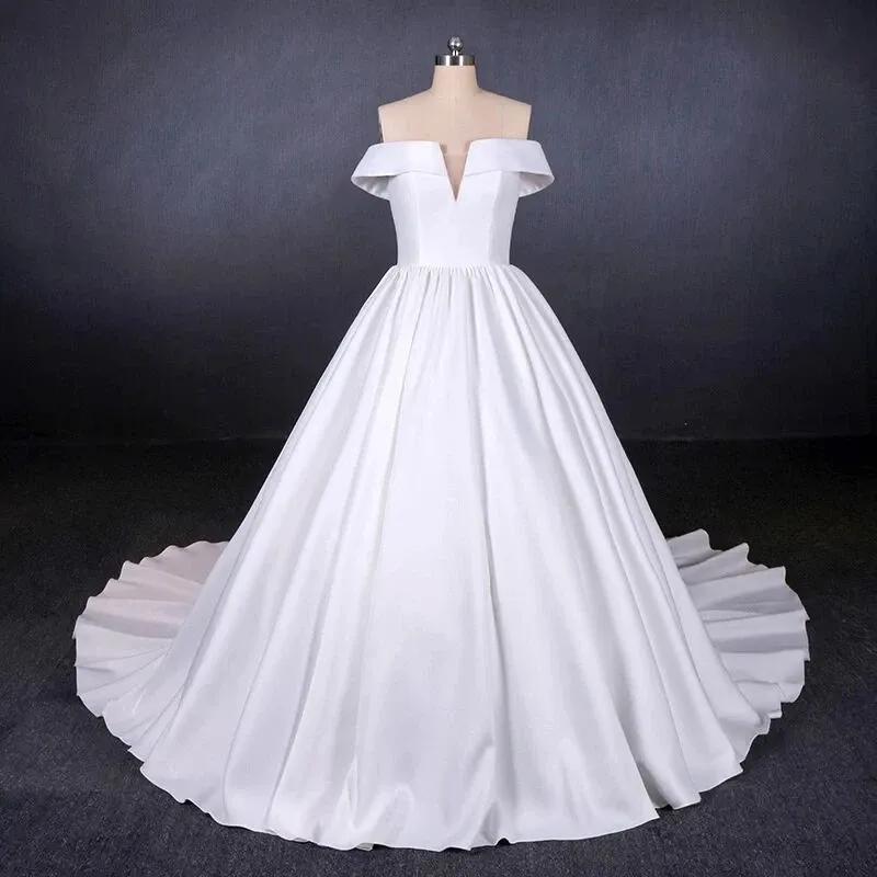 Anneprom Off the Shoulder White Ball Gown Simple Wedding Dress, Satin Bridal Gown APW0258