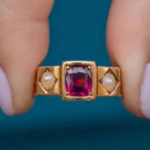Antique 15ct Gold Garnet Pearl Ring c.1886