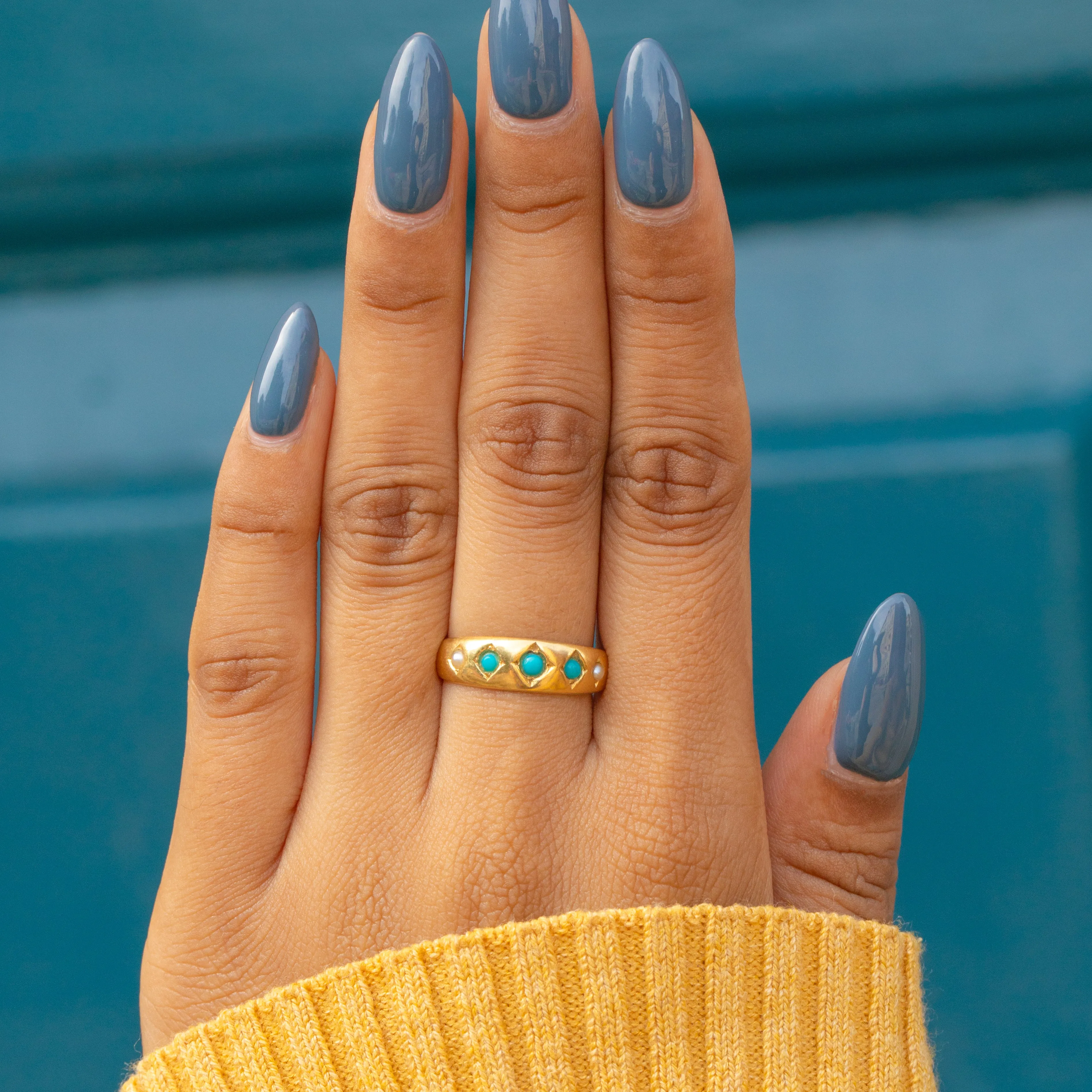 Antique 18ct Gold Turquoise Pearl Gypsy Ring