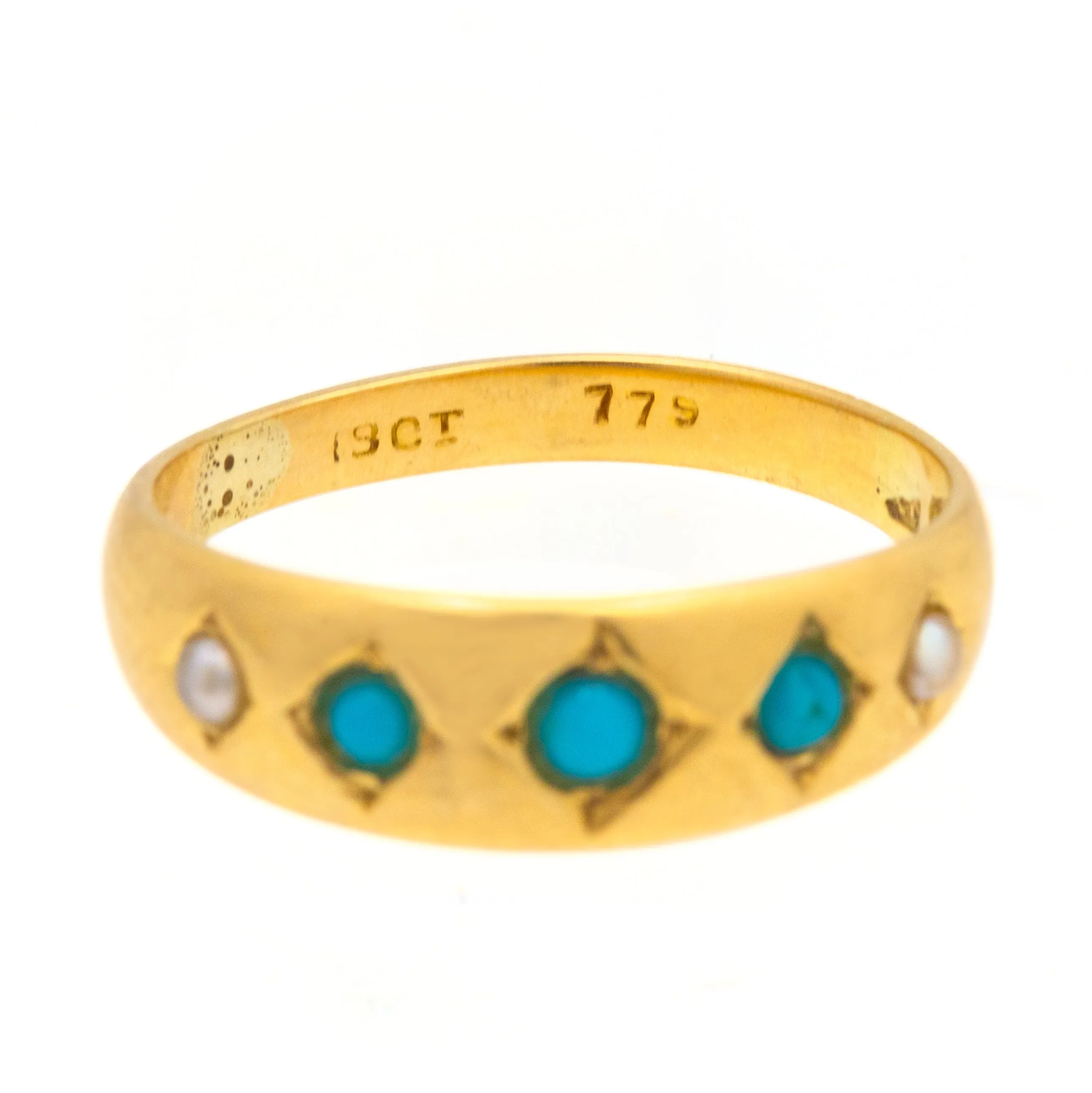 Antique 18ct Gold Turquoise Pearl Gypsy Ring