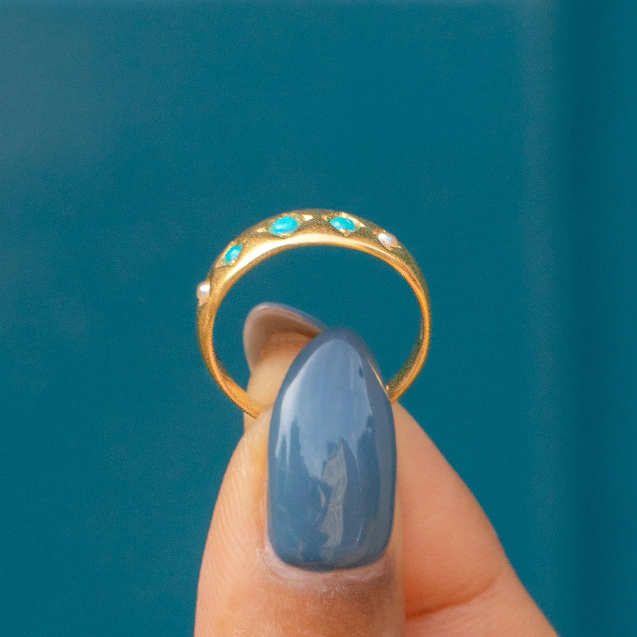 Antique 18ct Gold Turquoise Pearl Gypsy Ring