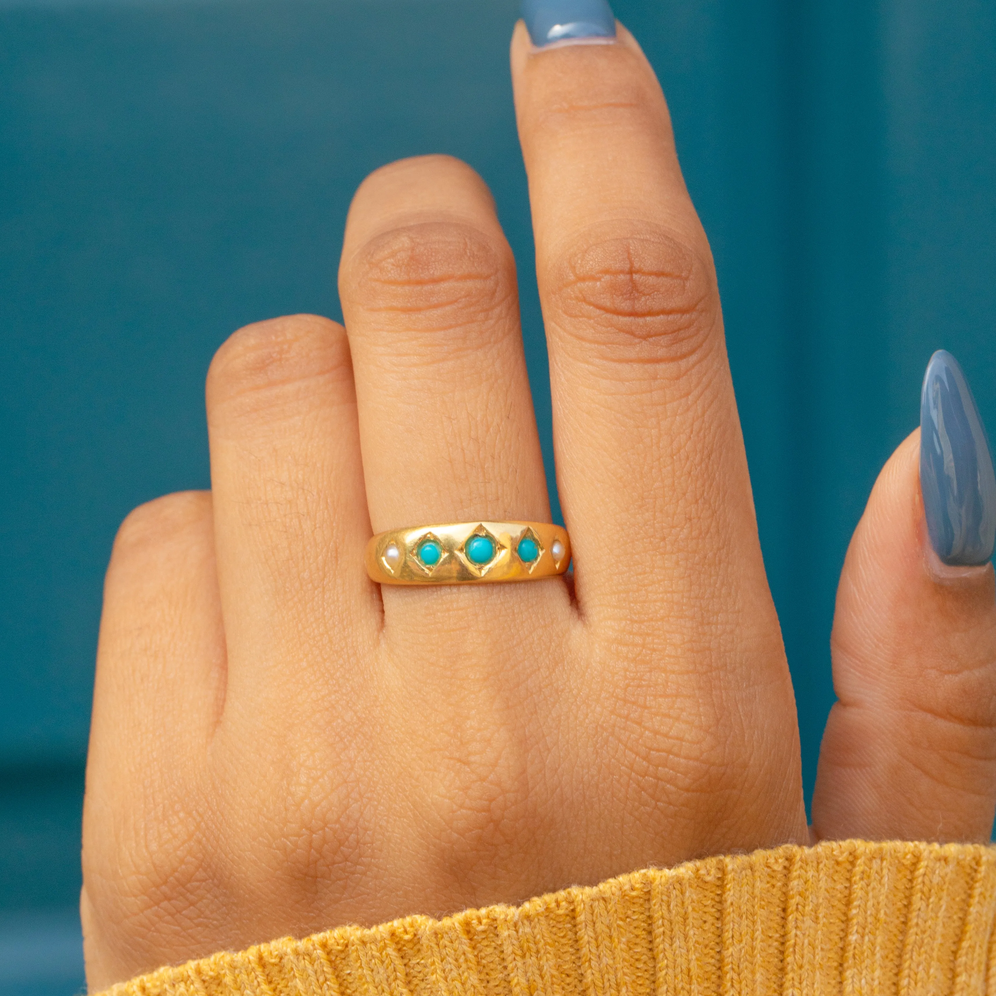 Antique 18ct Gold Turquoise Pearl Gypsy Ring