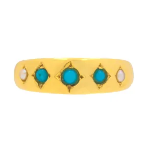 Antique 18ct Gold Turquoise Pearl Gypsy Ring