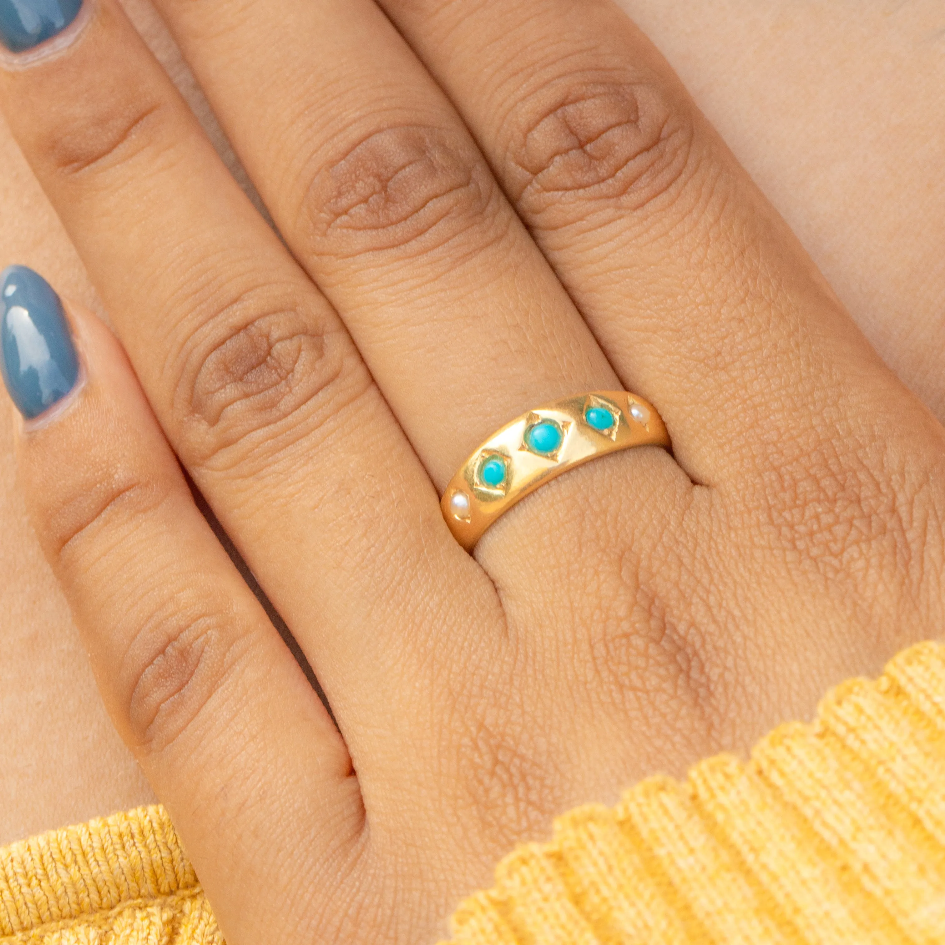 Antique 18ct Gold Turquoise Pearl Gypsy Ring
