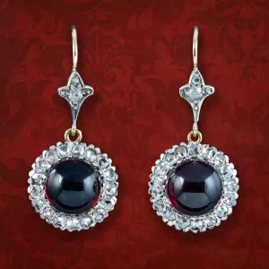 Antique Edwardian Garnet Diamond Daisy Drop Earrings 15ct Gold