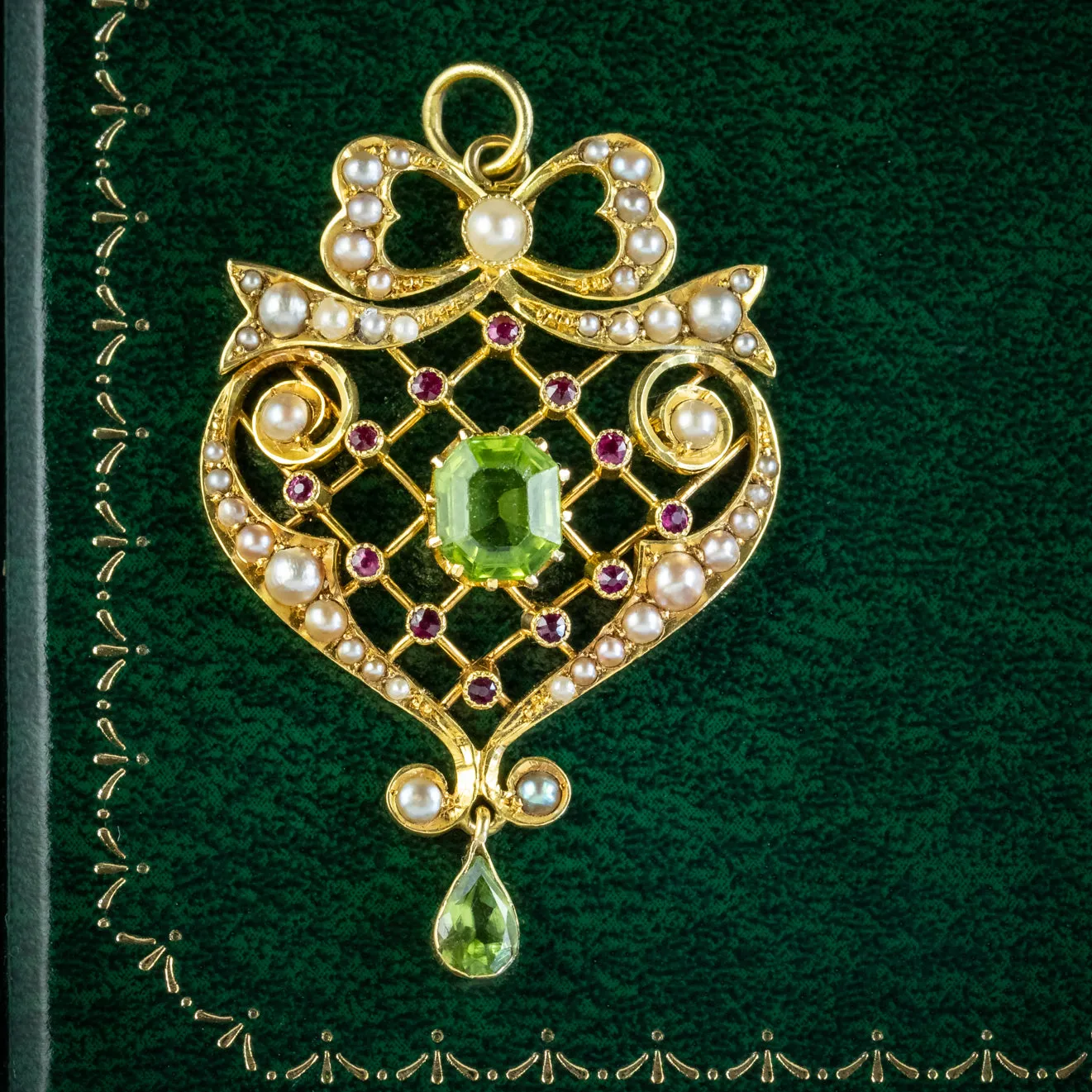 Antique Edwardian Suffragette Pendant Peridot Pearl Ruby 15Ct Gold Circa 1910