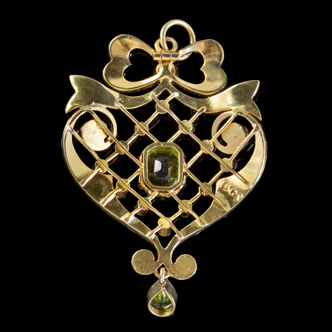Antique Edwardian Suffragette Pendant Peridot Pearl Ruby 15Ct Gold Circa 1910