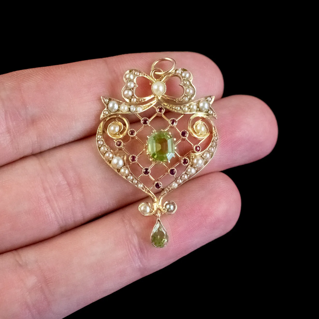 Antique Edwardian Suffragette Pendant Peridot Pearl Ruby 15Ct Gold Circa 1910