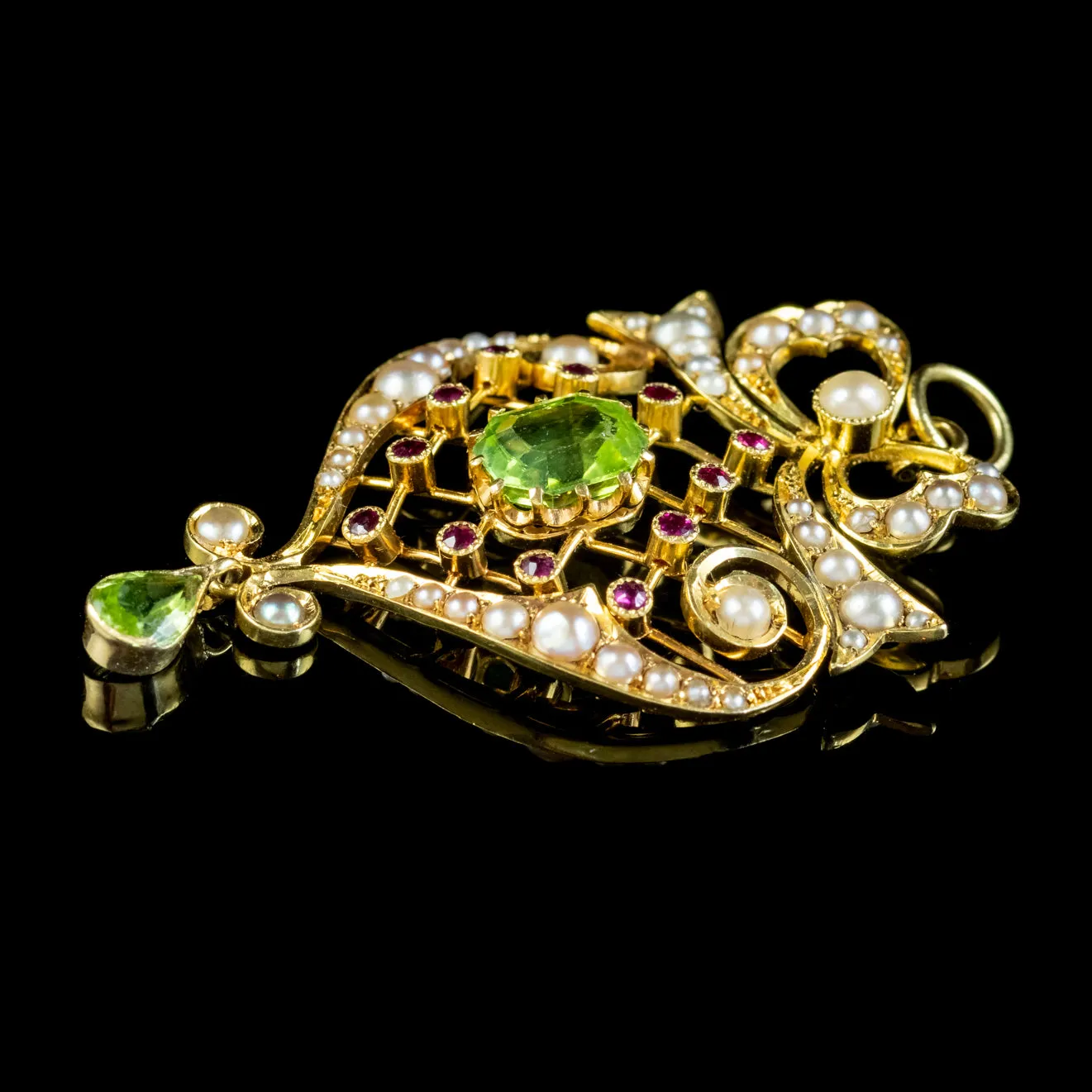 Antique Edwardian Suffragette Pendant Peridot Pearl Ruby 15Ct Gold Circa 1910