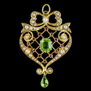 Antique Edwardian Suffragette Pendant Peridot Pearl Ruby 15Ct Gold Circa 1910
