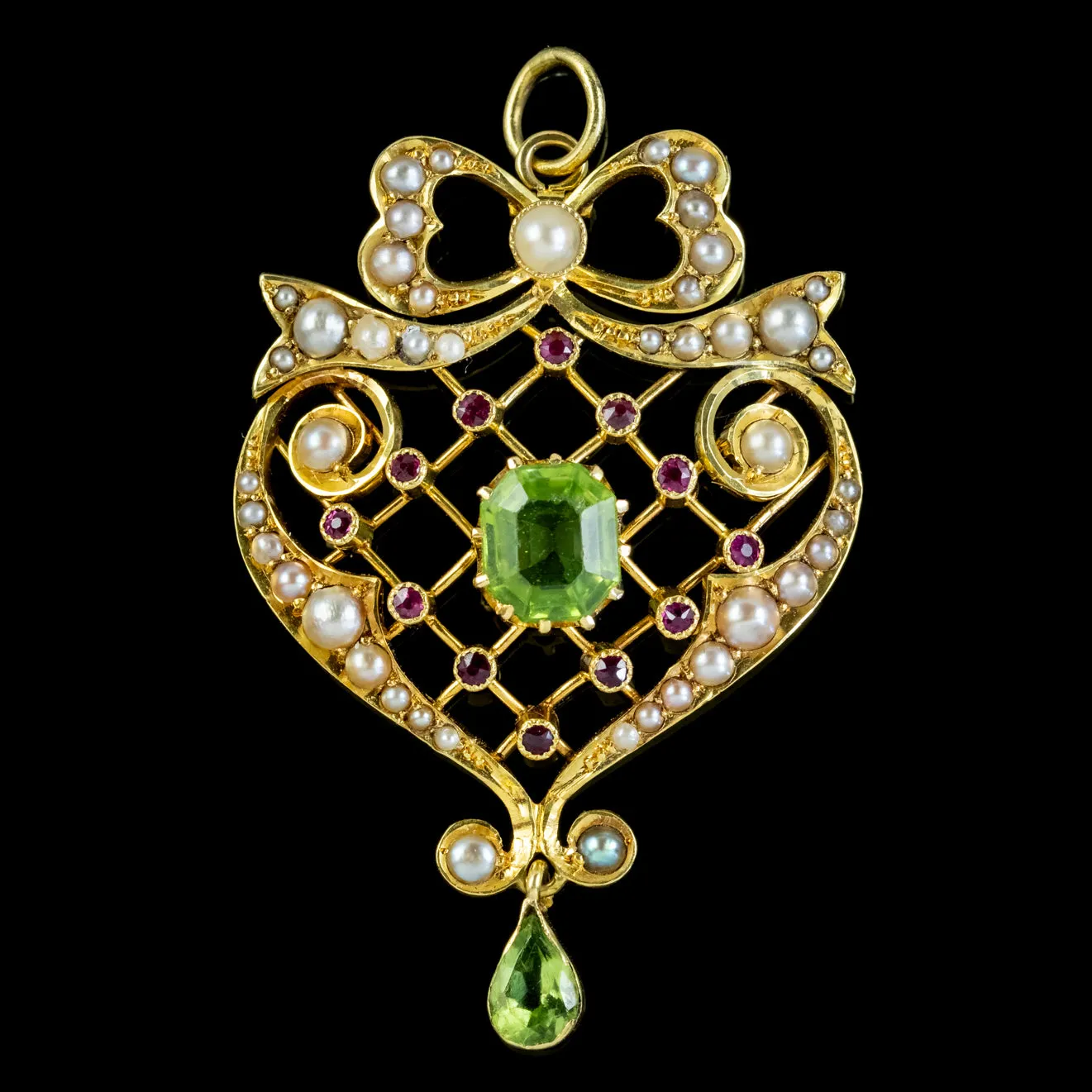 Antique Edwardian Suffragette Pendant Peridot Pearl Ruby 15Ct Gold Circa 1910