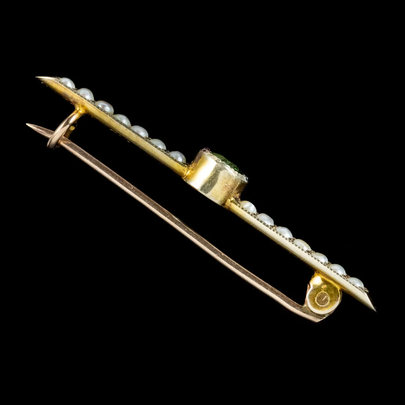 Antique Edwardian Tourmaline Pearl Bar Brooch 9ct Gold Circa 1901