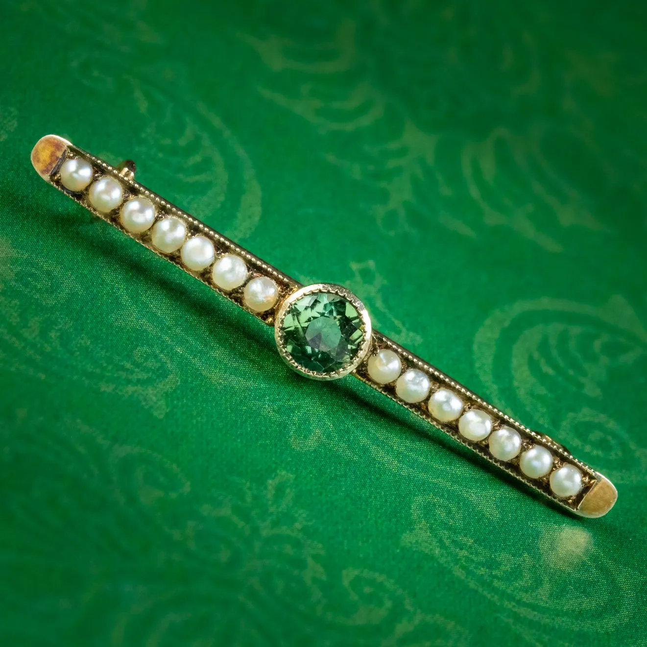 Antique Edwardian Tourmaline Pearl Bar Brooch 9ct Gold Circa 1901