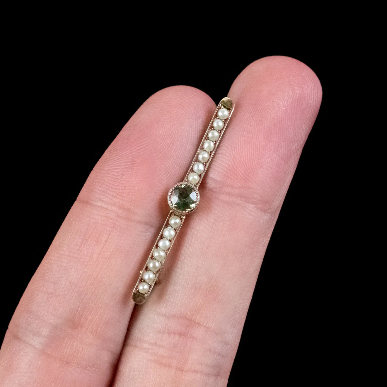 Antique Edwardian Tourmaline Pearl Bar Brooch 9ct Gold Circa 1901