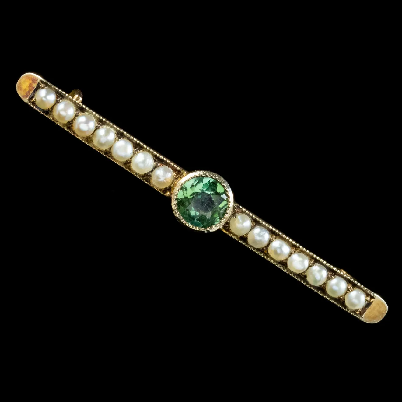 Antique Edwardian Tourmaline Pearl Bar Brooch 9ct Gold Circa 1901