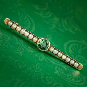 Antique Edwardian Tourmaline Pearl Bar Brooch 9ct Gold Circa 1901