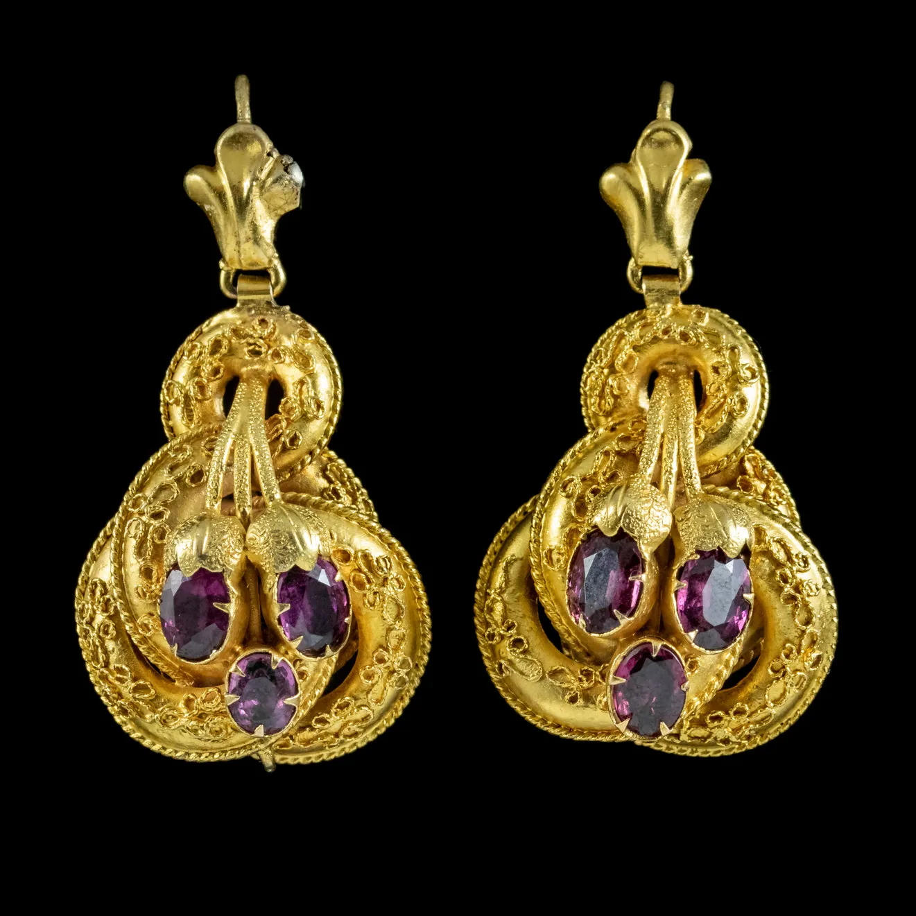 Antique Victorian Etruscan Revival Garnet Earrings 18ct Gold Circa 1870