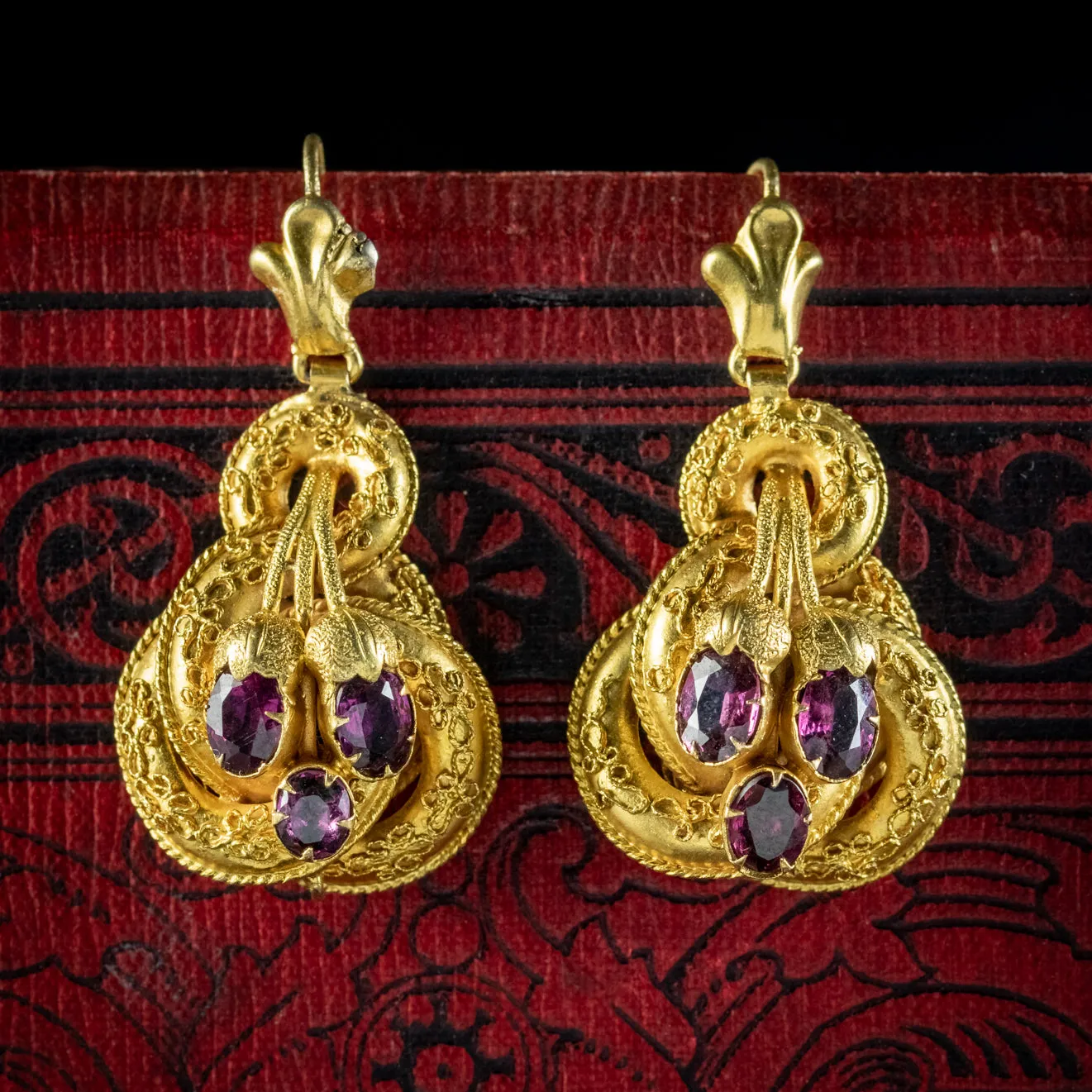 Antique Victorian Etruscan Revival Garnet Earrings 18ct Gold Circa 1870