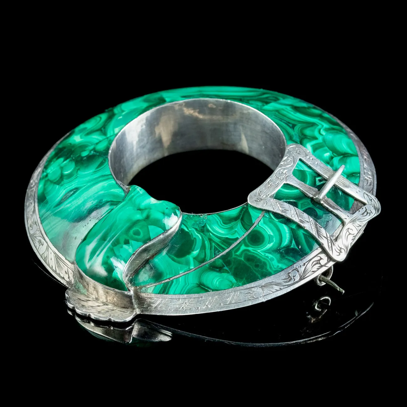 Antique Victorian Large Scottish Malachite Buckle Brooch Silver