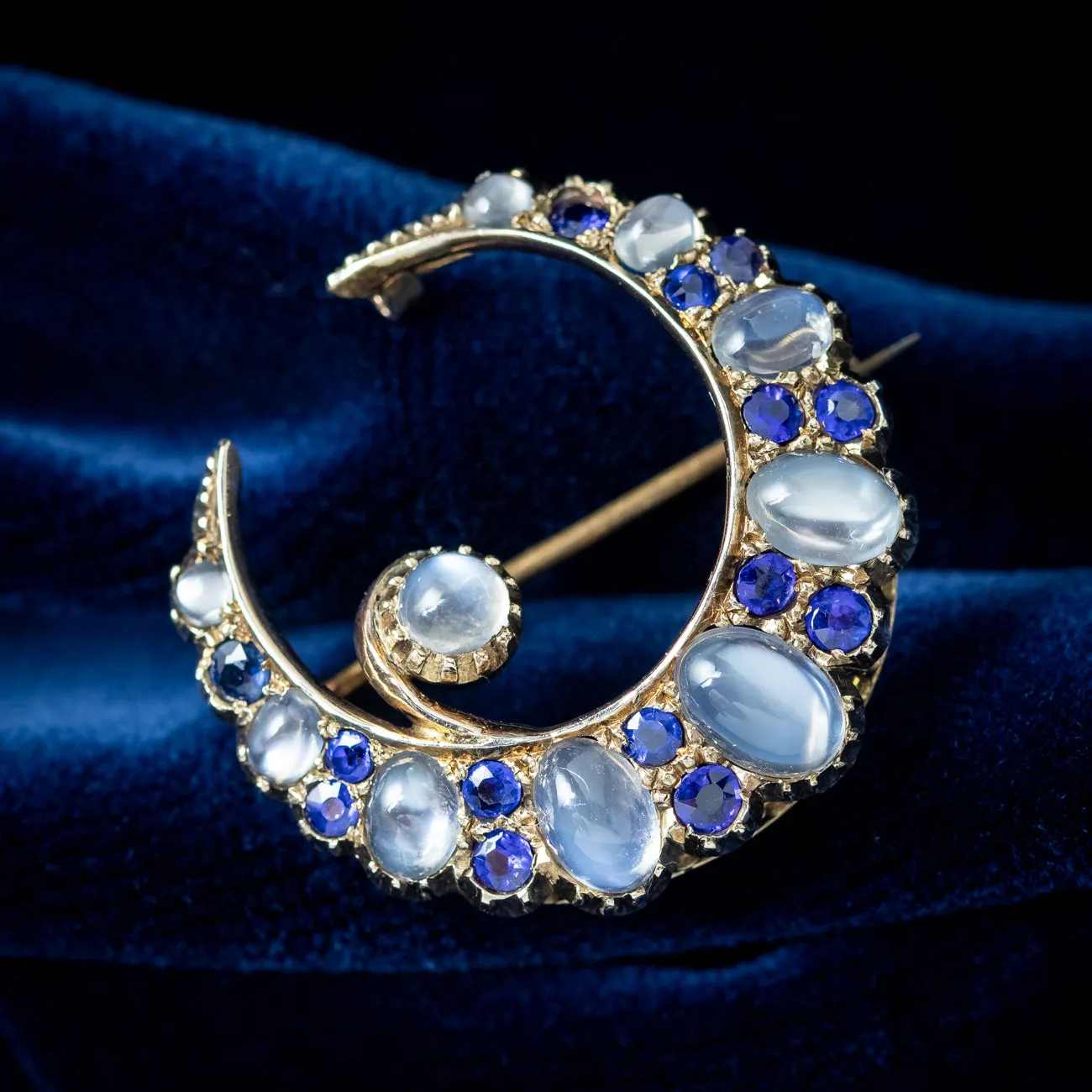 Antique Victorian Moonstone Sapphire Crescent Moon Brooch