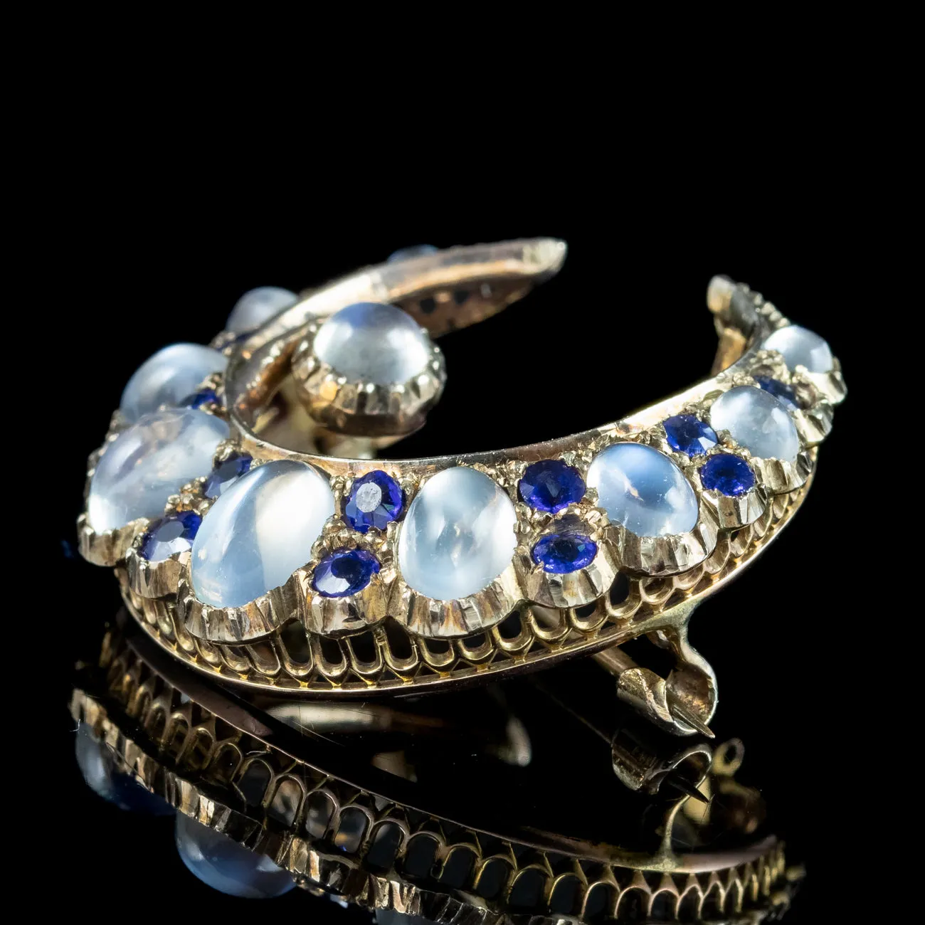 Antique Victorian Moonstone Sapphire Crescent Moon Brooch