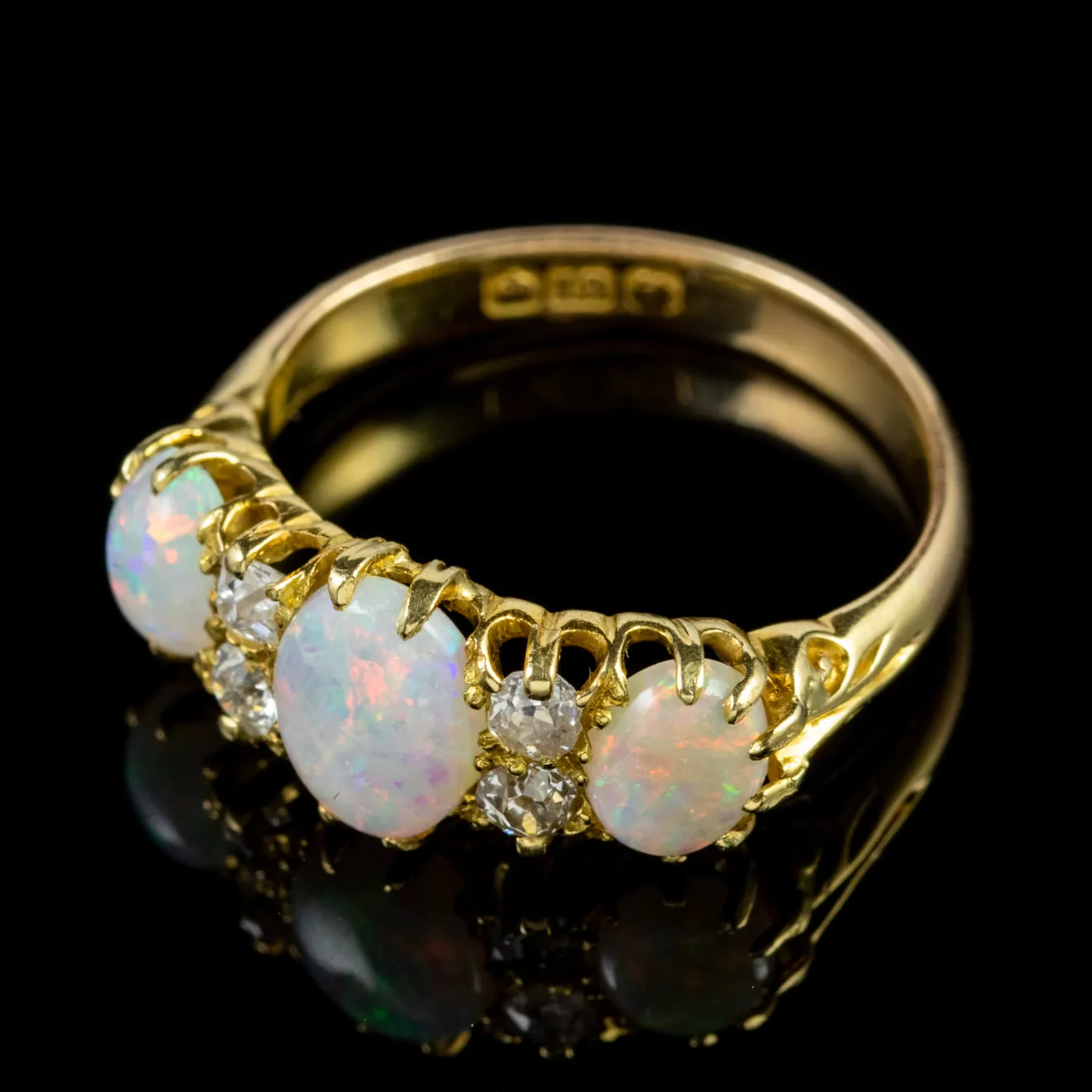 Antique Victorian Opal Diamond Trilogy Ring 18Ct Gold Circa 1880