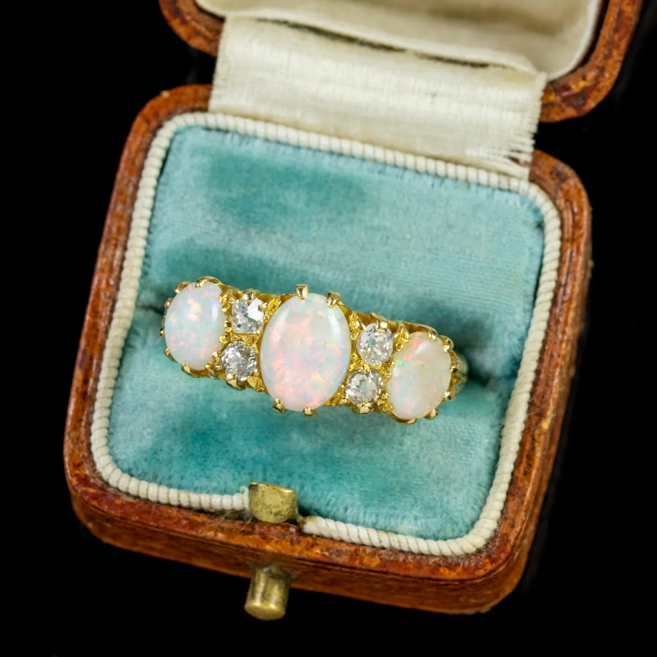 Antique Victorian Opal Diamond Trilogy Ring 18Ct Gold Circa 1880