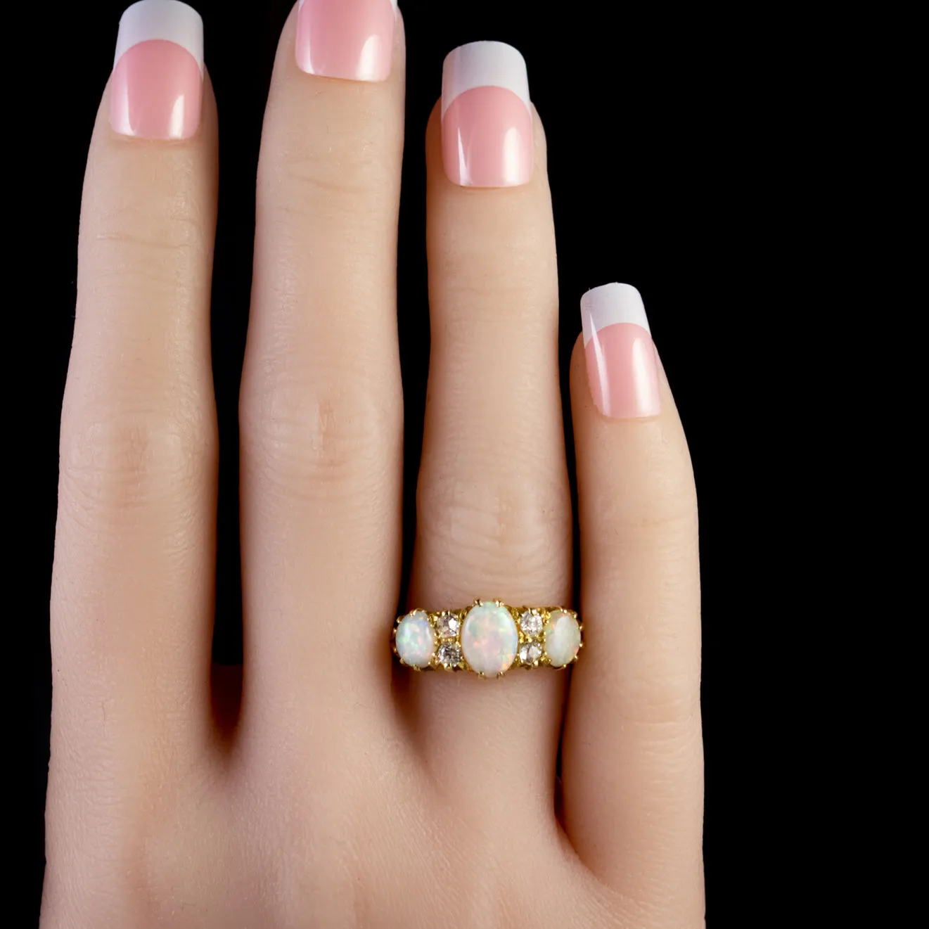 Antique Victorian Opal Diamond Trilogy Ring 18Ct Gold Circa 1880