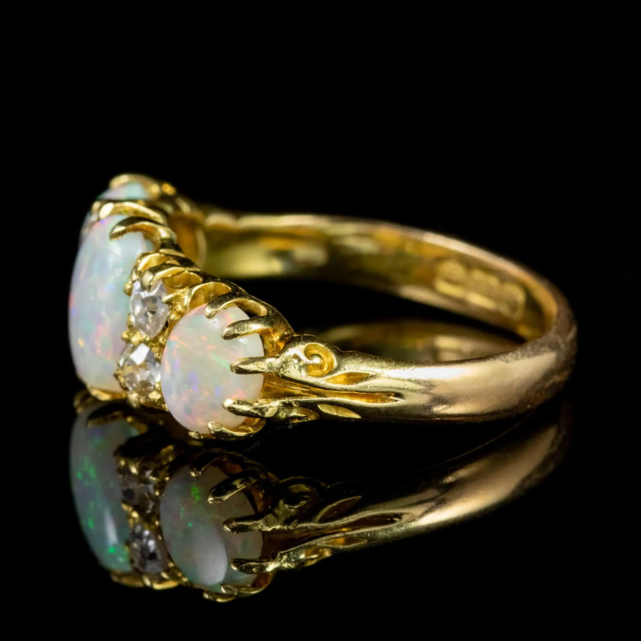 Antique Victorian Opal Diamond Trilogy Ring 18Ct Gold Circa 1880
