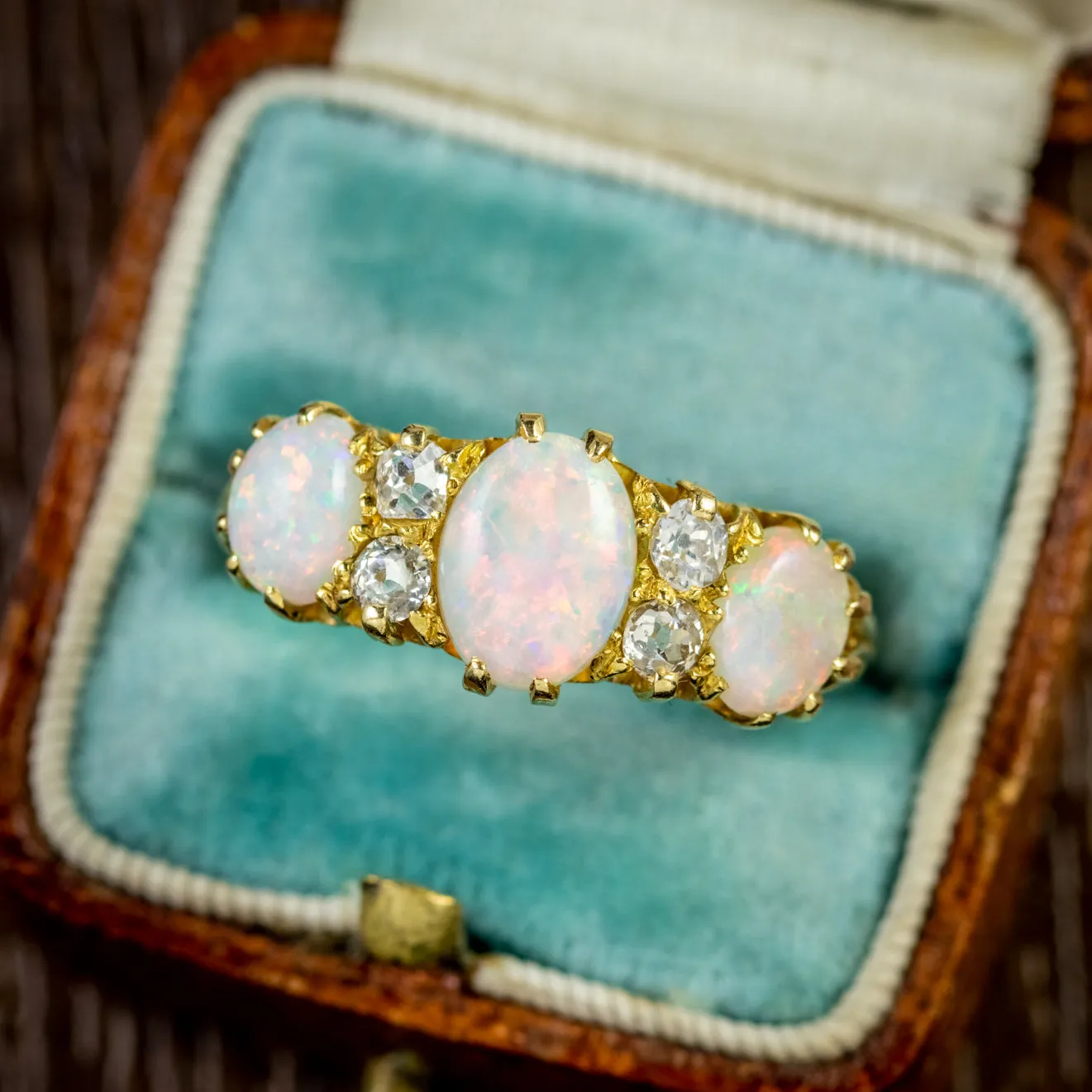 Antique Victorian Opal Diamond Trilogy Ring 18Ct Gold Circa 1880