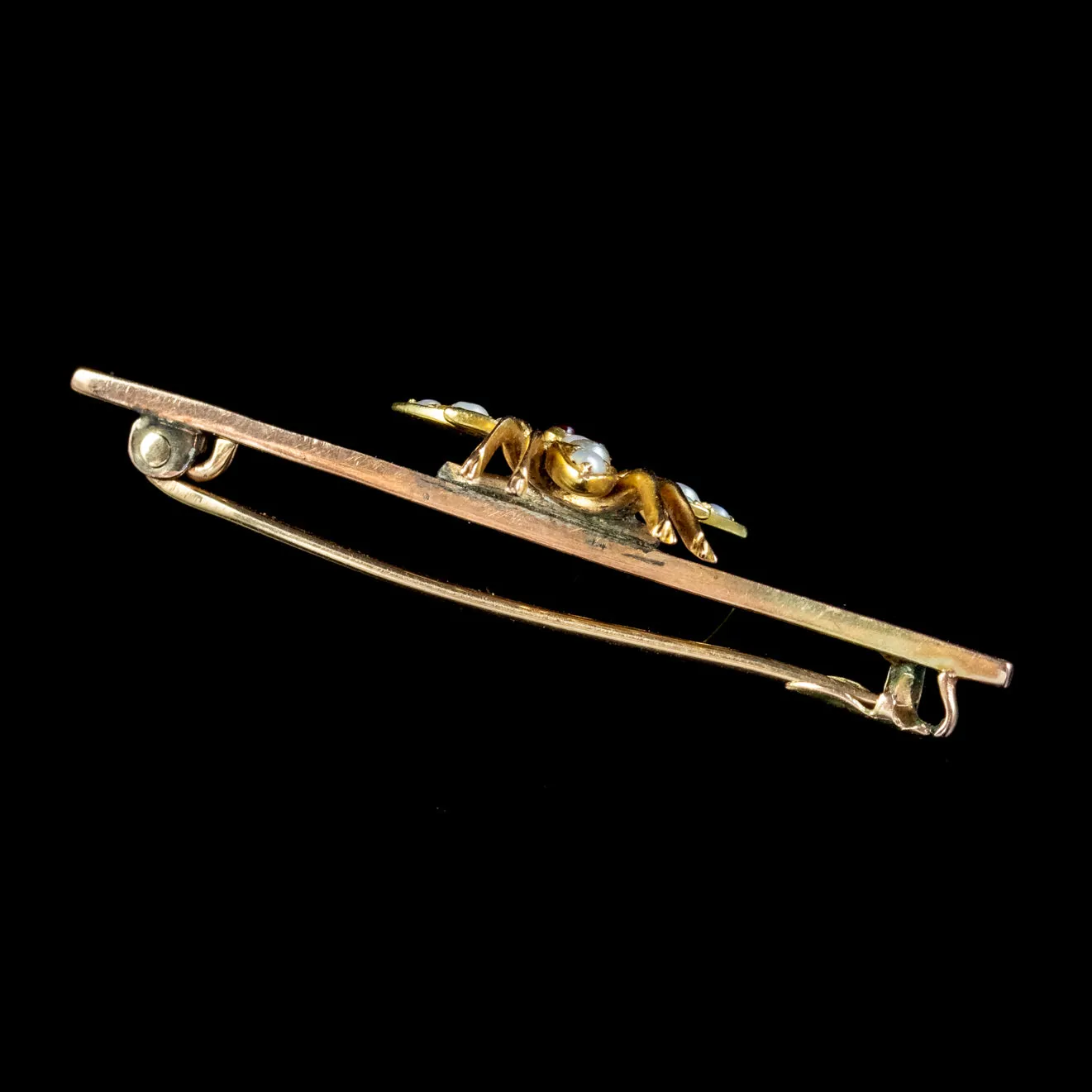 Antique Victorian Pearl Insect Bar Brooch Ruby Eyes 15Ct Gold Circa 1880