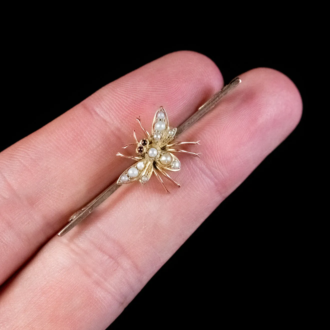 Antique Victorian Pearl Insect Bar Brooch Ruby Eyes 15Ct Gold Circa 1880