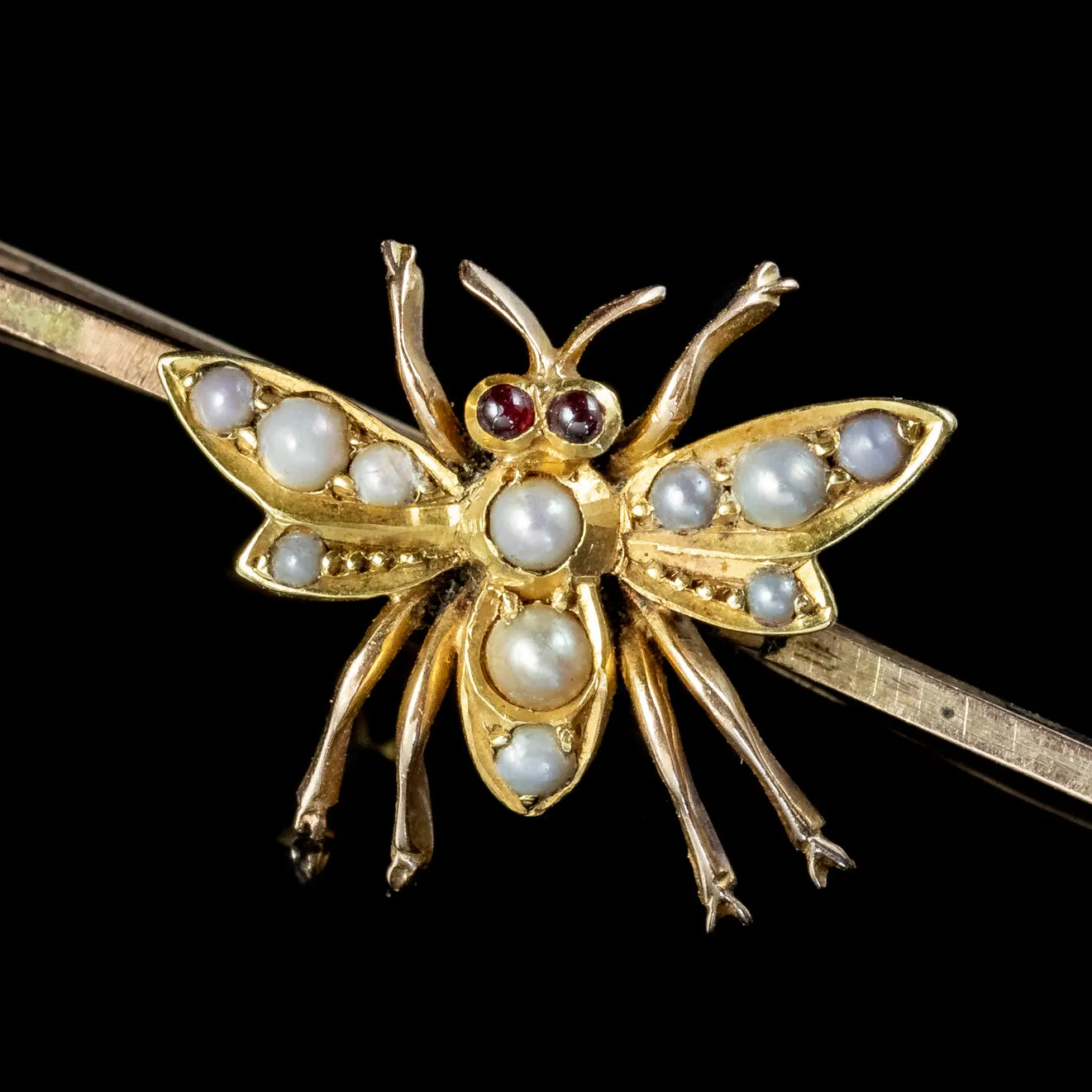 Antique Victorian Pearl Insect Bar Brooch Ruby Eyes 15Ct Gold Circa 1880