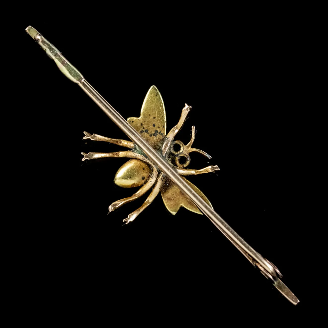 Antique Victorian Pearl Insect Bar Brooch Ruby Eyes 15Ct Gold Circa 1880