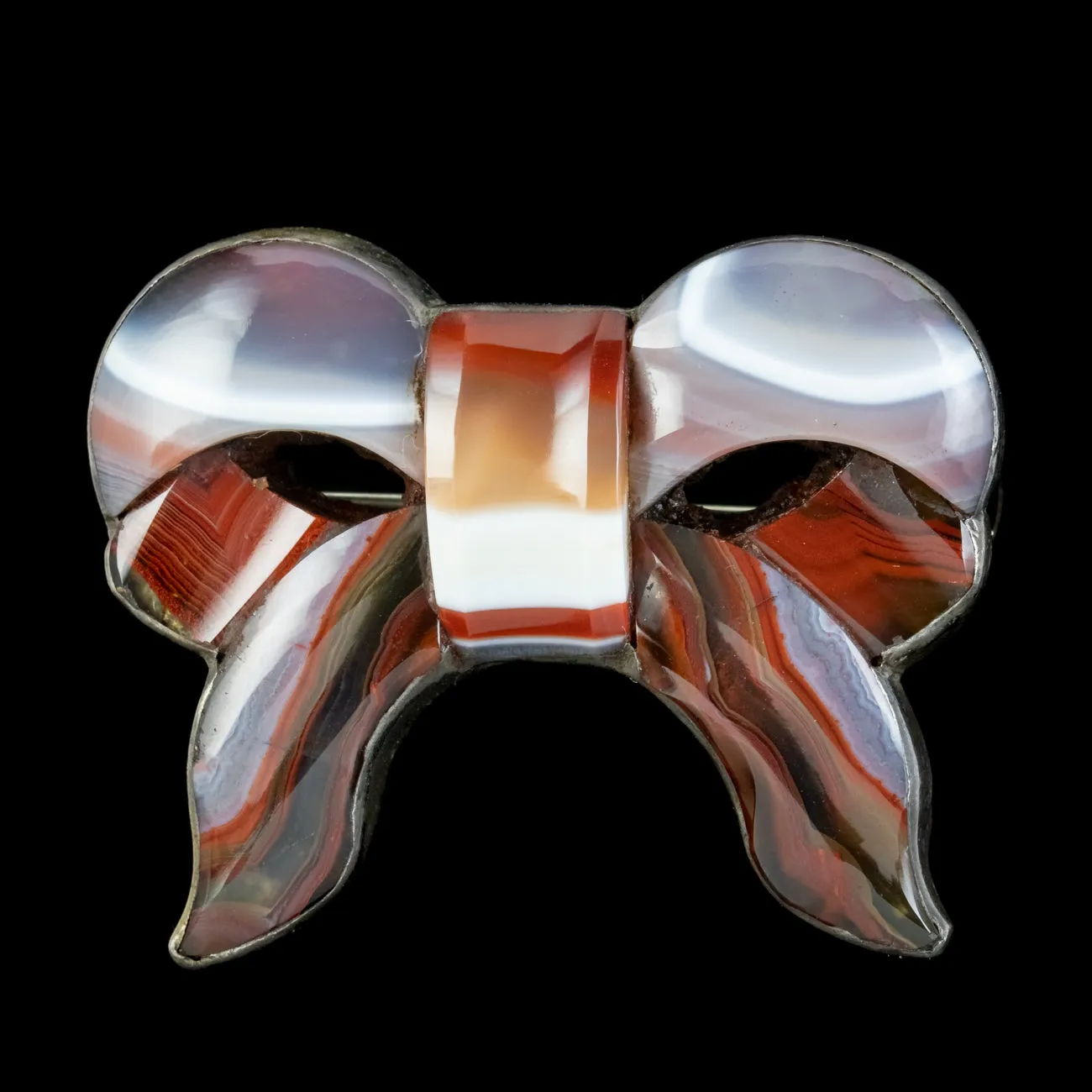 Antique Victorian Scottish Agate Bow Brooch Silver Circa 1860
