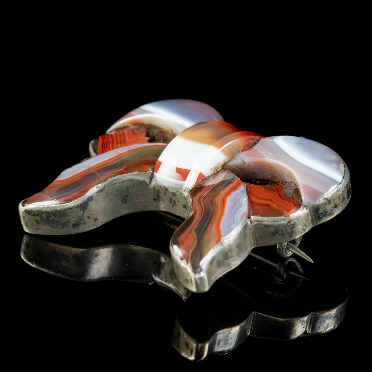 Antique Victorian Scottish Agate Bow Brooch Silver Circa 1860