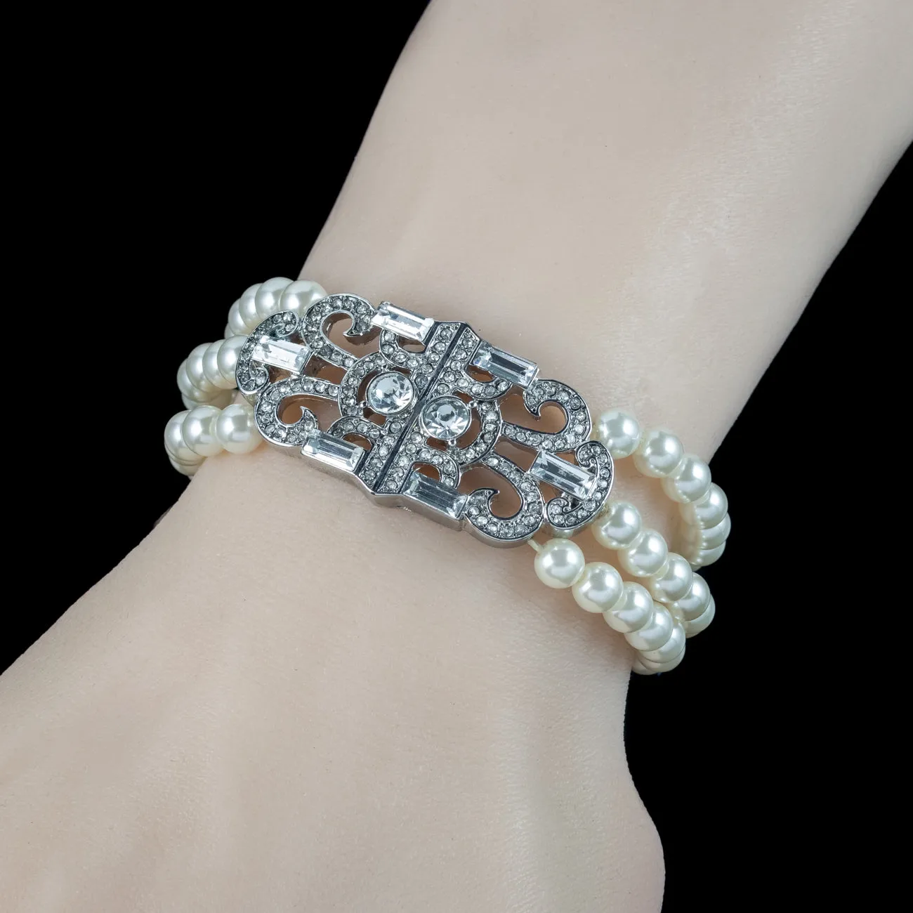 Art Deco Style Three Strand Pearl Bracelet
