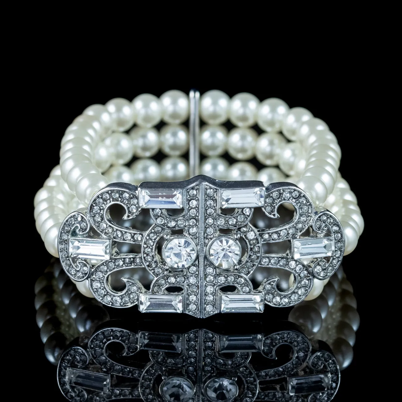 Art Deco Style Three Strand Pearl Bracelet