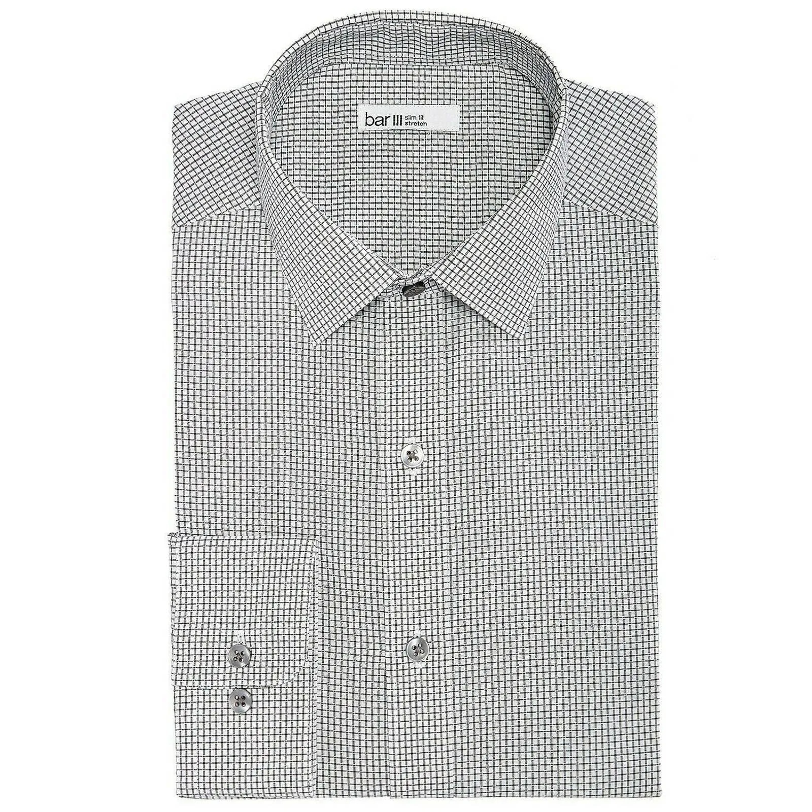 BAR III MEN'S SLIM FIT STRETCH DRESS SHIRT CHECK BLACK WHITE SM (14-14.5/32) NWT