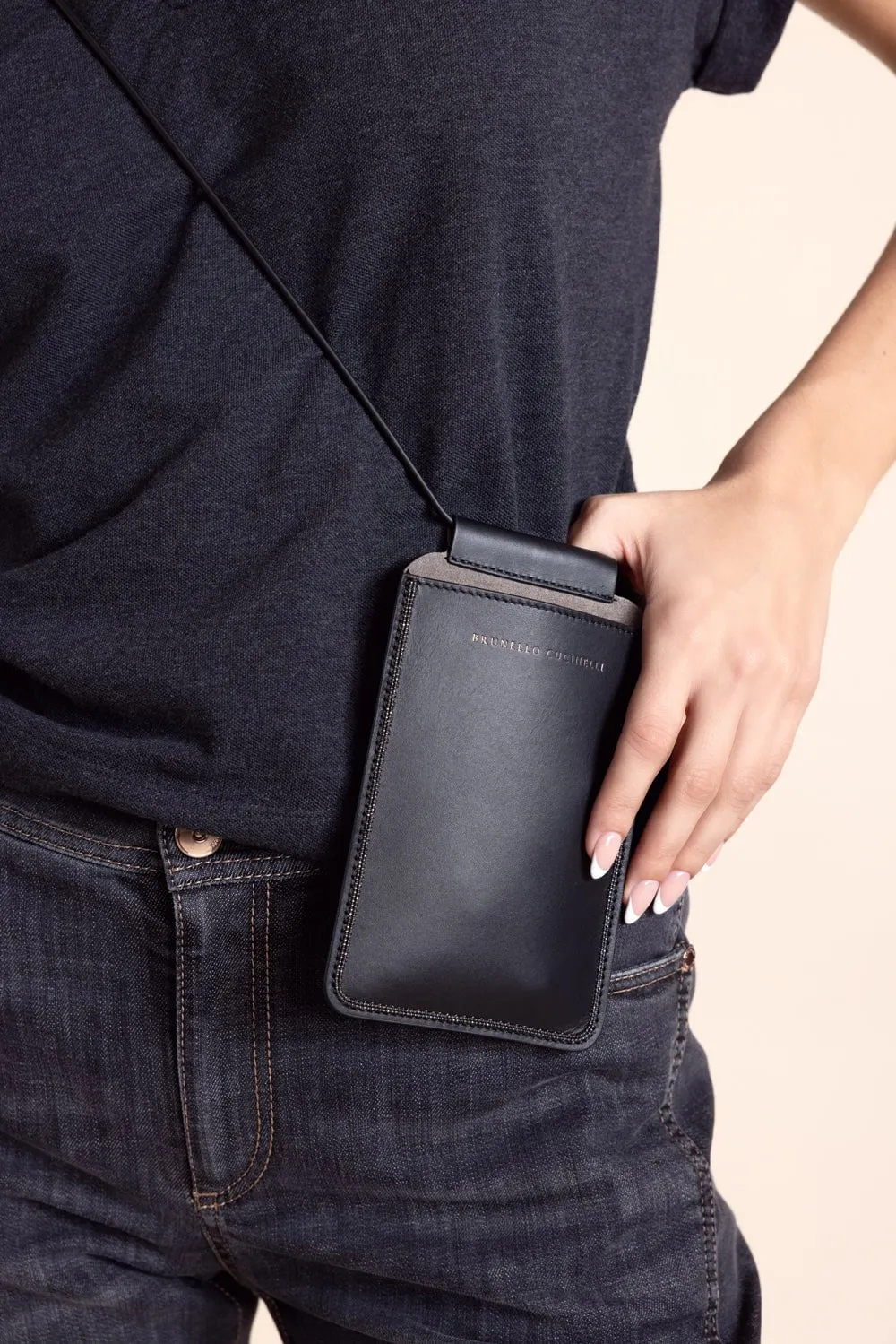 Beaded Trim Leather Phone Bag