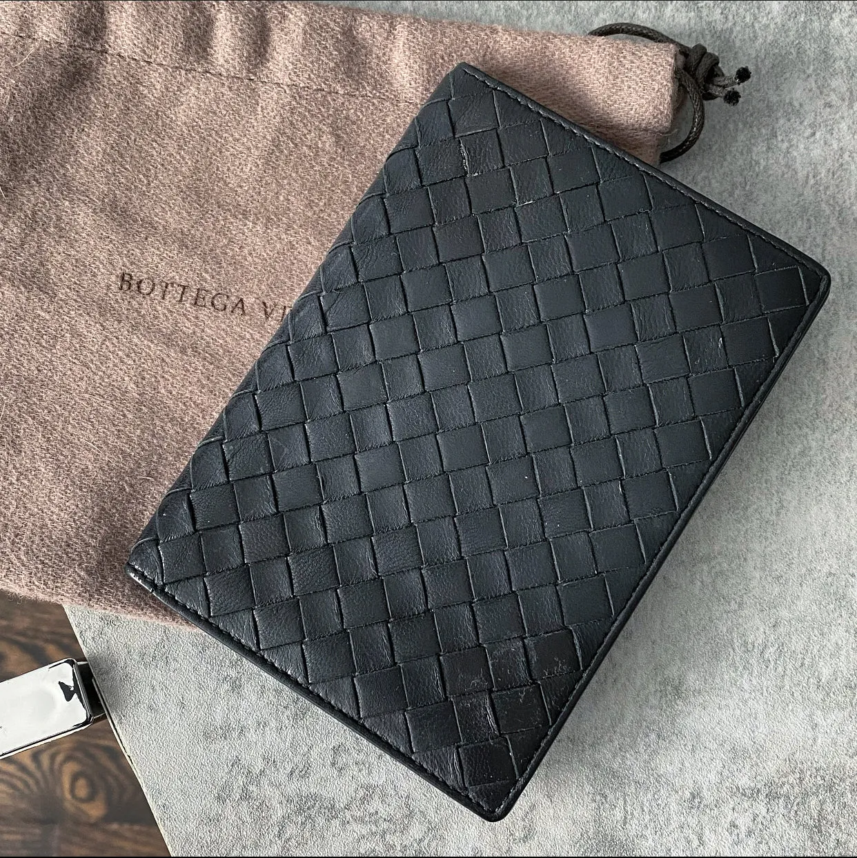 Bottega Veneta Black Intrecciato Leather Passport Holder