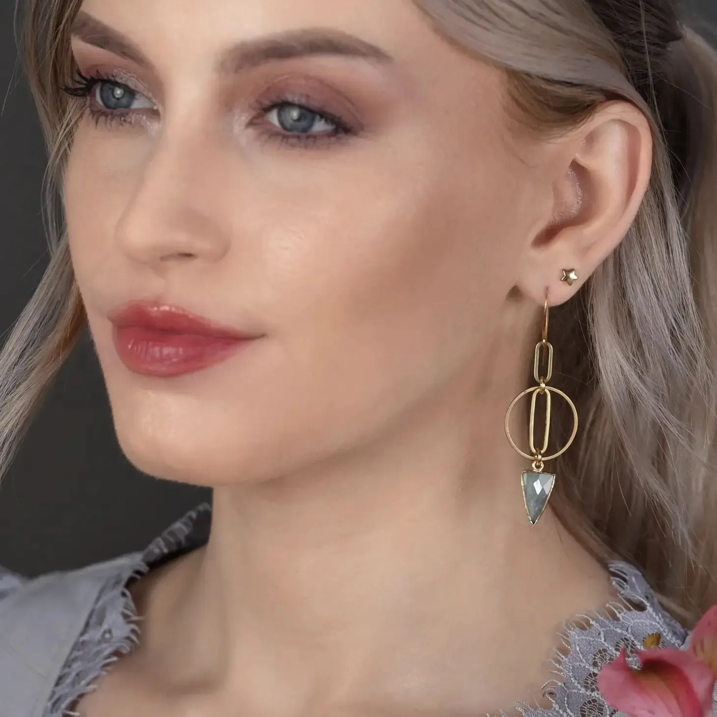 Brass Oval Inside Circle w/ Gemstone Triangle Drop Earrings