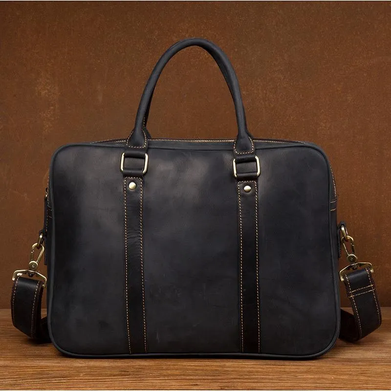 Brown Leather Mens 14 inches Briefcase Laptop Bag Navy Business Bags Work Bag for Men
