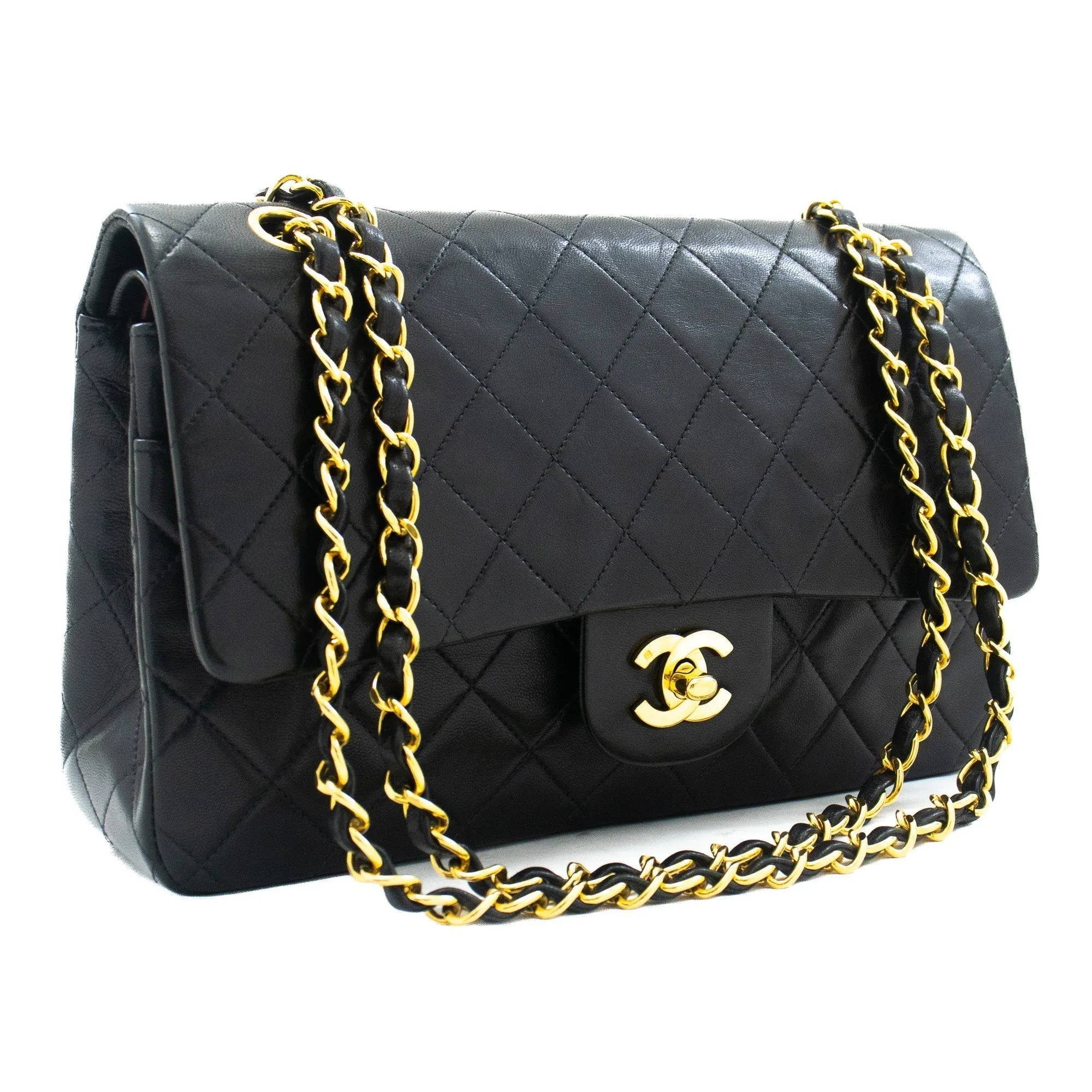 CHANEL Classic Double Flap 10" Chain Shoulder Bag Black Lambskin k03