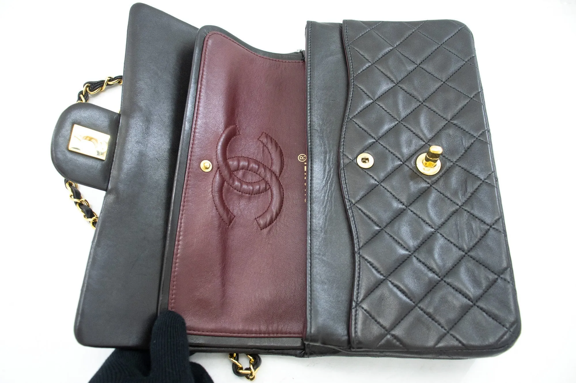 CHANEL Classic Double Flap 10" Chain Shoulder Bag Black Lambskin k04