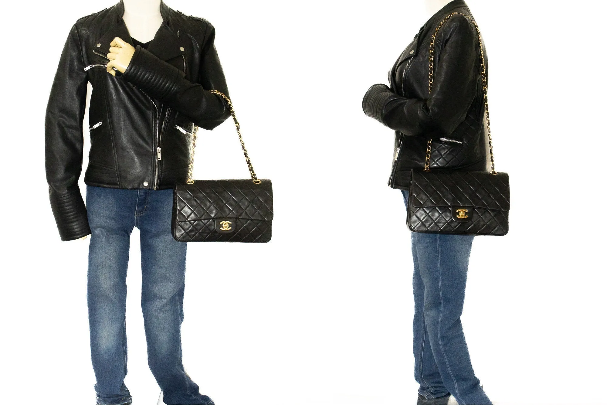 CHANEL Classic Double Flap 10" Chain Shoulder Bag Black Lambskin k04